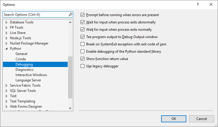 Python options dialog, Debugging tab