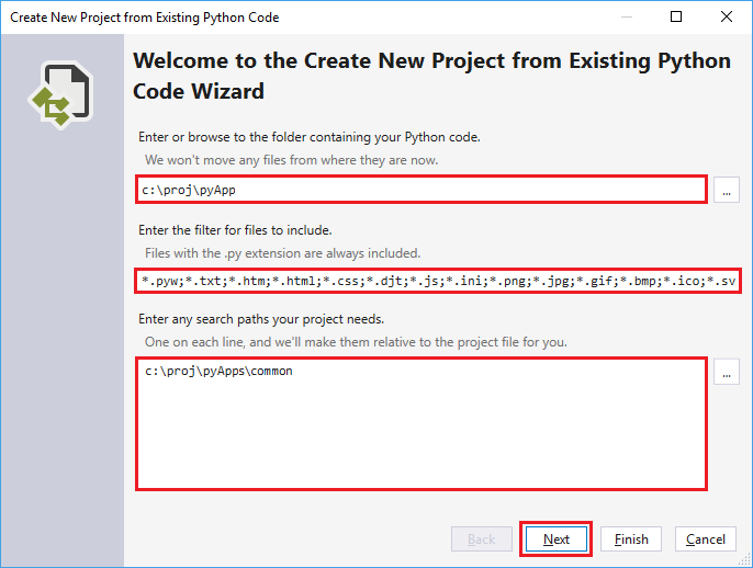 Screenshot of a New Project creation from Existing Code window, step 1.