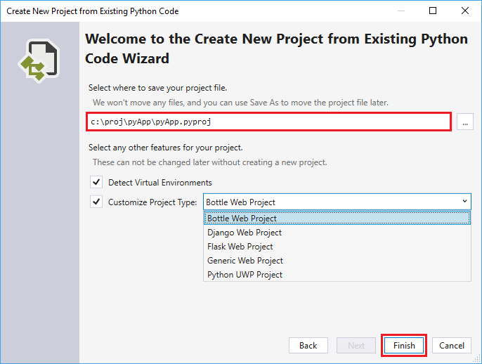 Screenshot of a New Project creation from Existing Code window, step 3.