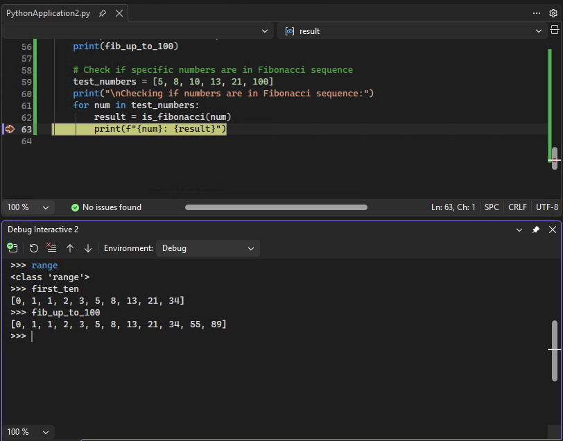 Screenshot, который показывает, как работать с интерактивным окном отладки Python в Visual Studio.