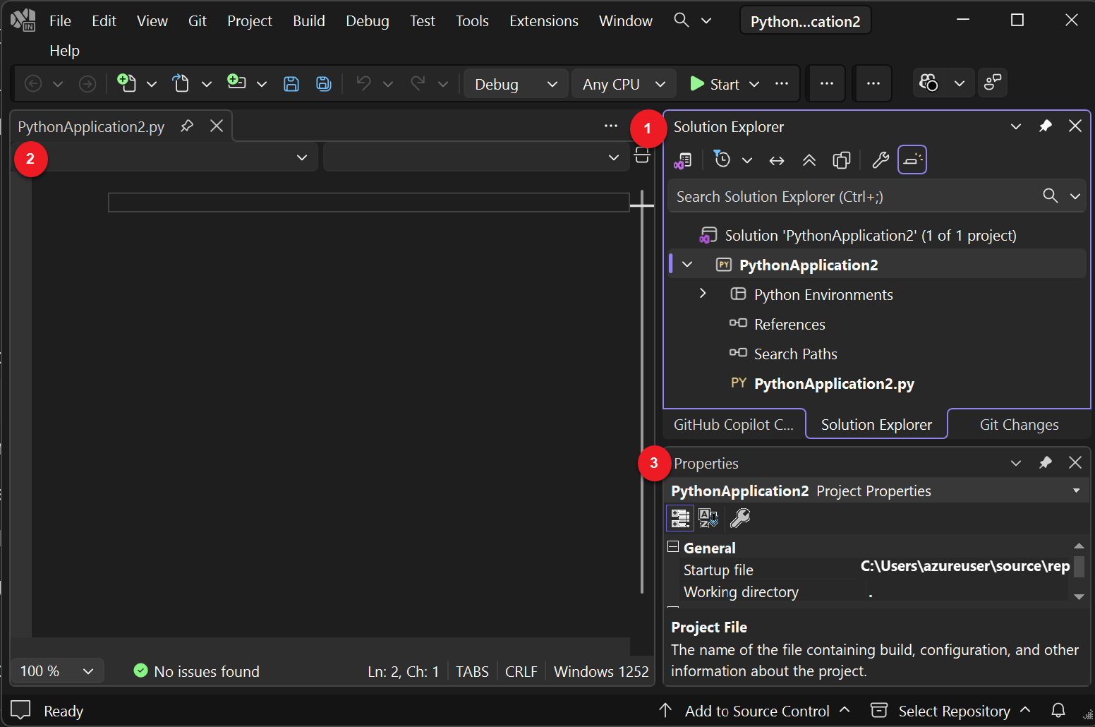 Снимок экрана: открытие нового проекта в Visual Studio.