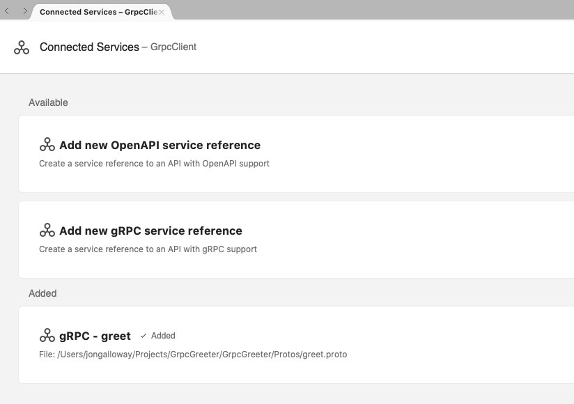 Viewing previously added services in the Connected Service Gallery in Visual Studio for Mac