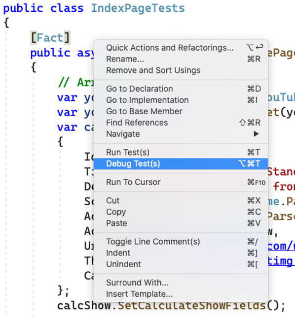 Context menu in the Visual Studio for Mac editor
