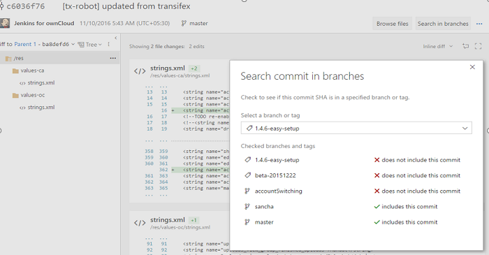 Commit search dialog