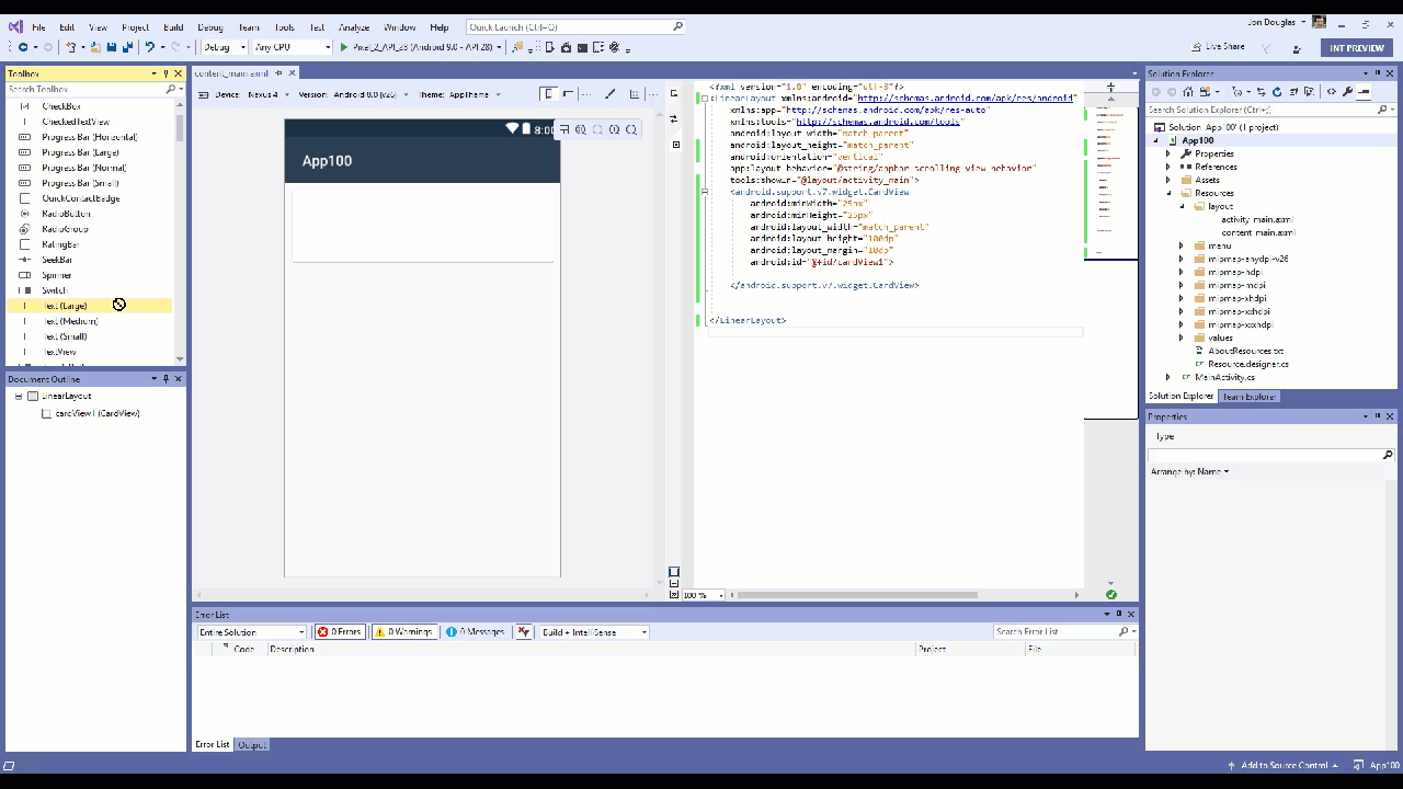 Панель элементов конструктора Android в редактор исходного кода