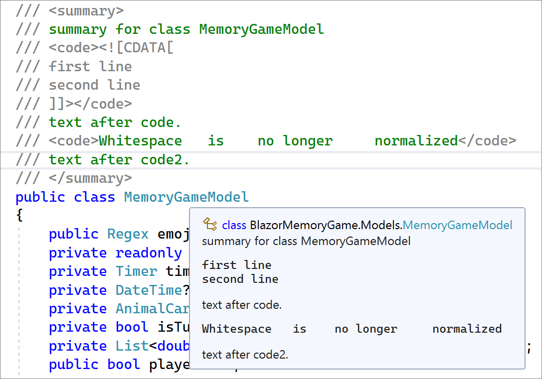 Quick Info for XML preserves whitespace