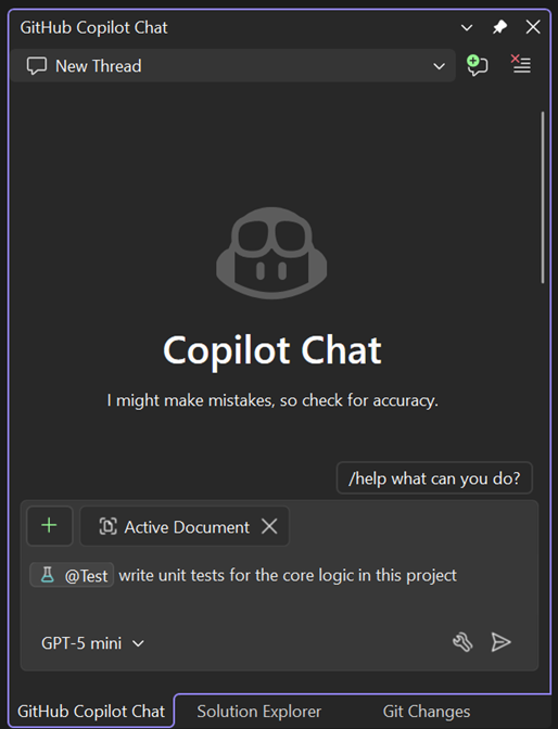 GitHub Copilot Chat интерфейс, создающий модульные тесты с помощью агента тестирования