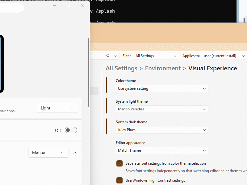 Видео, показывающее, как Visual Studio переключается со светлой на тёмную тему при изменении системной темы Windows