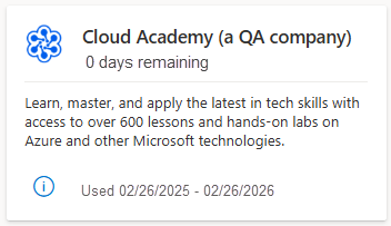 снимок экрана: плитка Cloud Academy после истечения срока действия. Ссылка на Cloud Academy удаляется, и даты активной подписки отображаются в нижней части плитки.