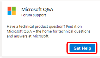 Screenshot shows the Microsoft Q&A tile with Get help highlighted.