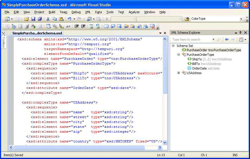 Screenshot of a Visual Studio project showing an XML node in the XML Editor pane and a tree view of the schema set in the XML Schema Explorer pane.