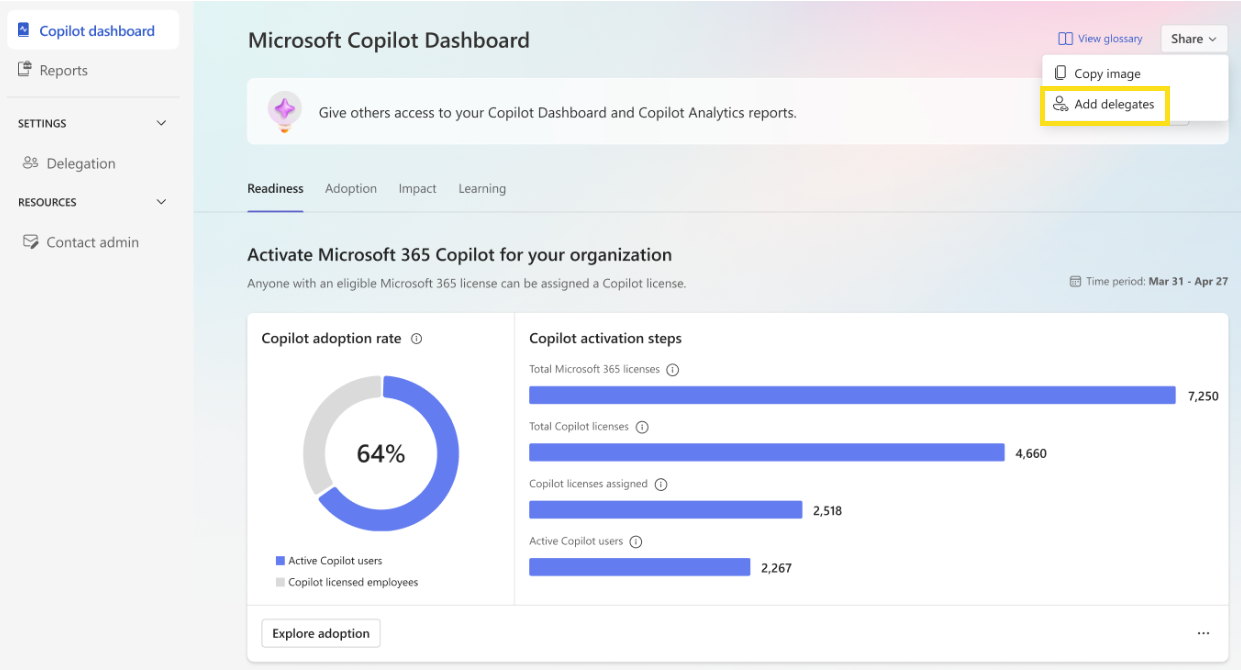 Снимок экрана: добавление делегатов на панели мониторинга Copilot.