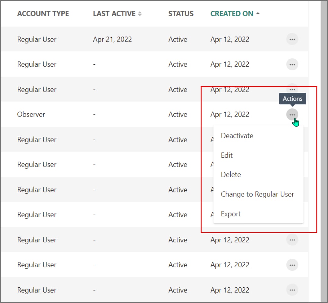 На этом снимку экрана показано, как изменить типы учетных записей пользователей в меню действий.