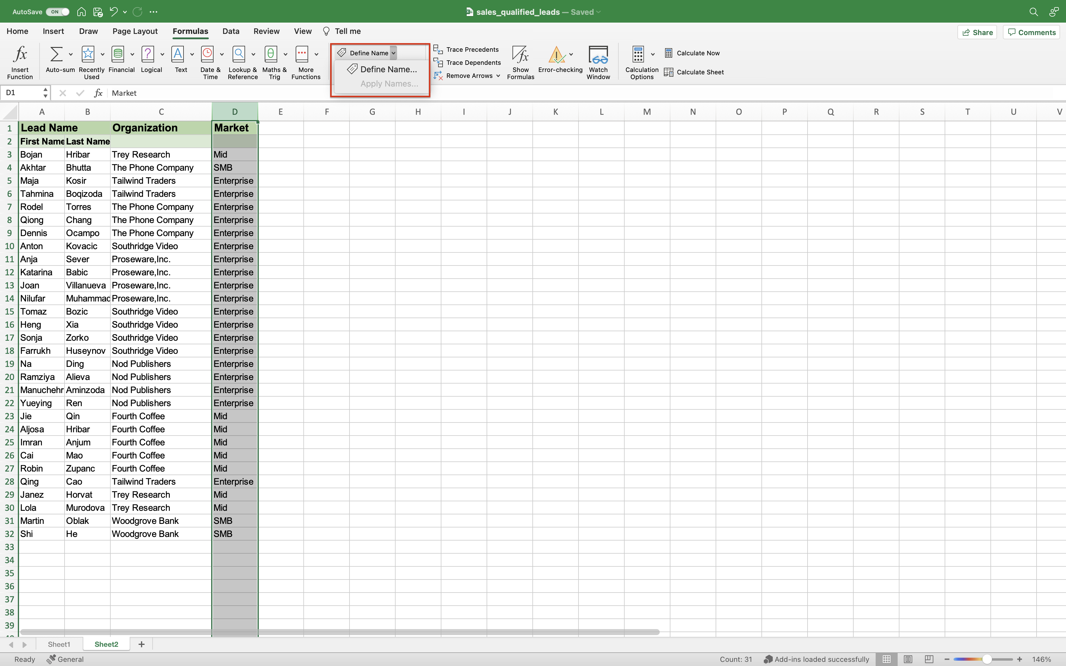 Снимок экрана: выбор параметра Определить имя в Excel.