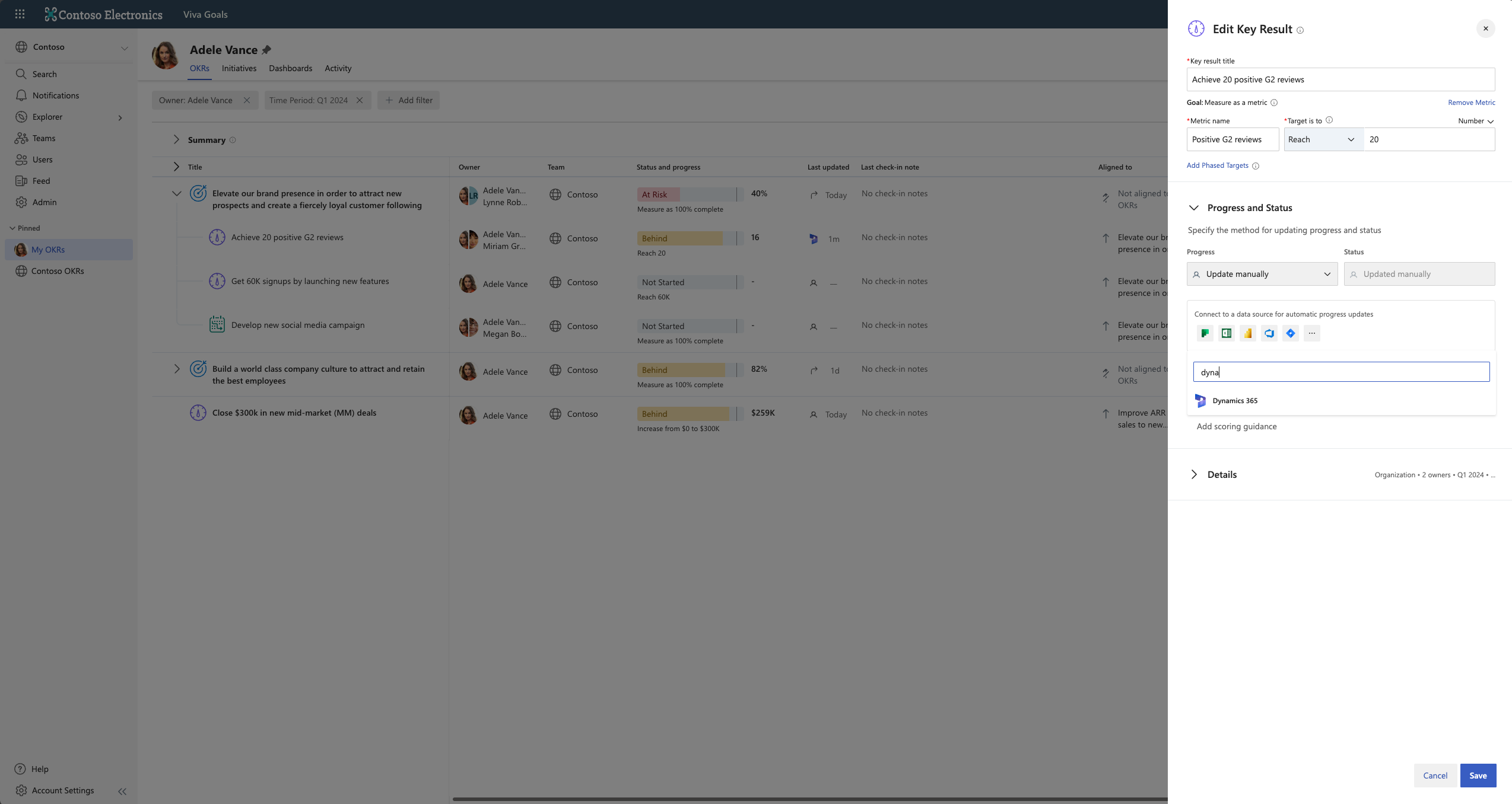 Screenshot of selecting the Dynamics 365 option for a key result.