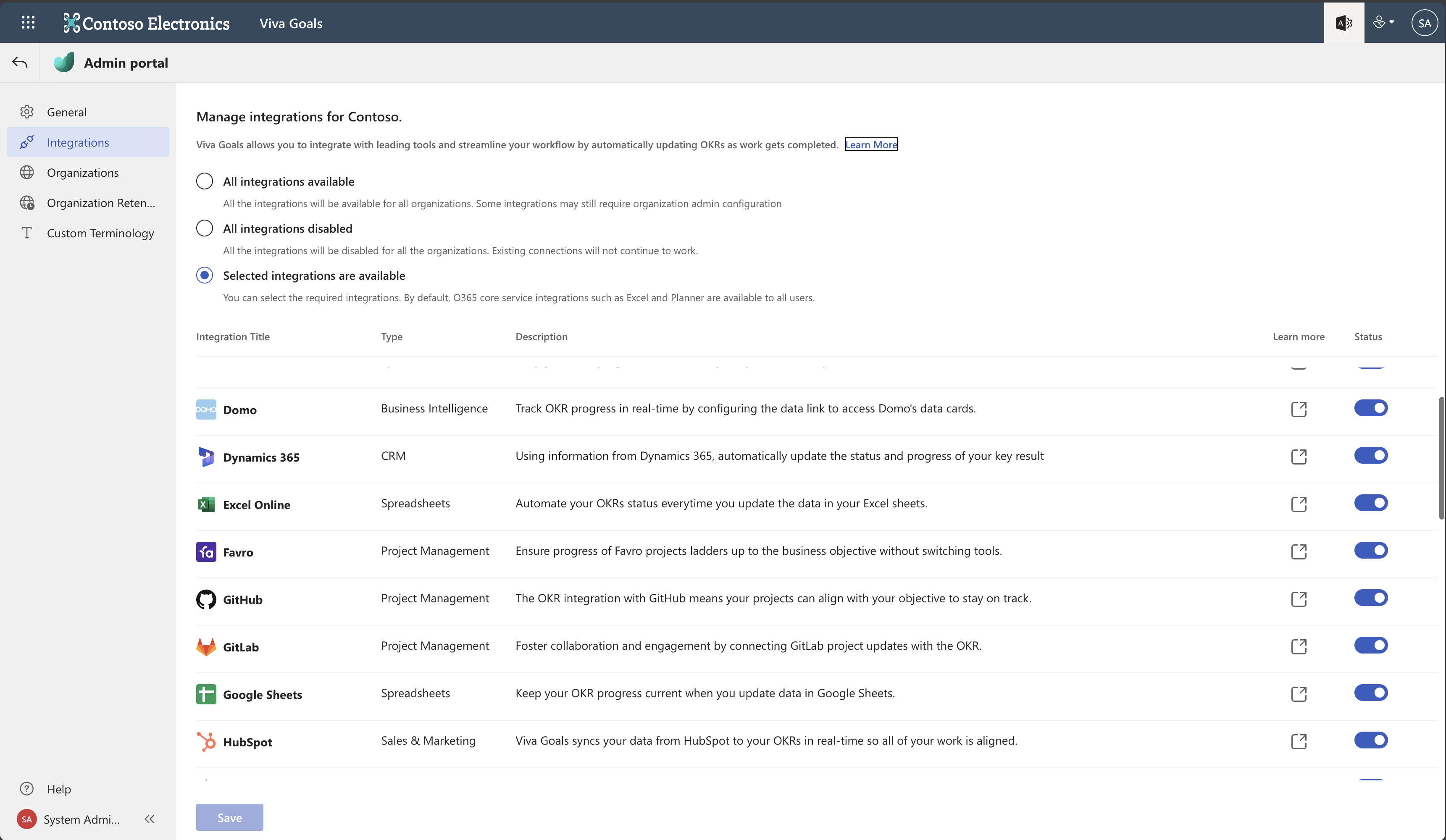 Screenshot of tenant admin settings page.