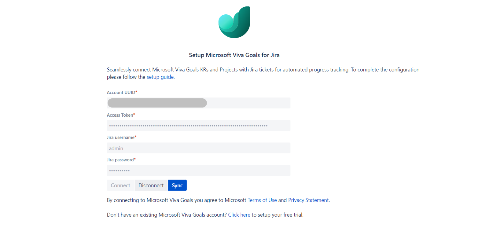 Снимок экрана: страница установки Microsoft Viva Goals для Jira.