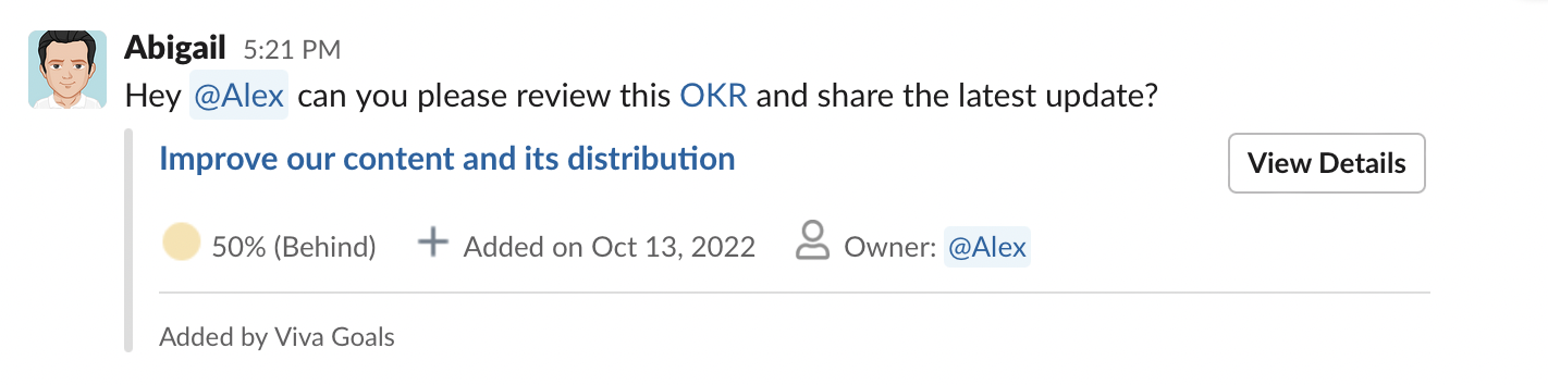 Снимок экрана: предварительный просмотр примера Viva Целей OKR, которым предоставлен общий доступ в беседе Slack.
