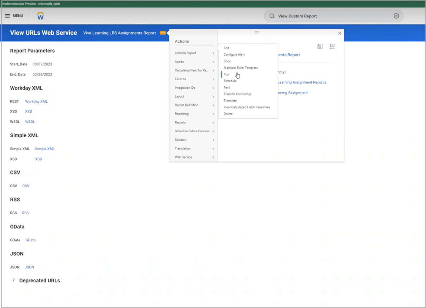 Снимок экрана: окно действия с параметром запуска отчета.