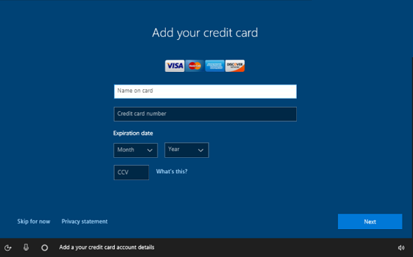 Экран добавления сведений о карта кредита в OOBE
