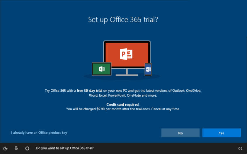 Настройка Office 365 — экран пробной версии в OOBE
