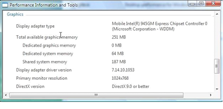 Снимок экрана: сведения о производительности и средства в приложении WinSAT с графическими данными, отображаемыми в Windows Vista.