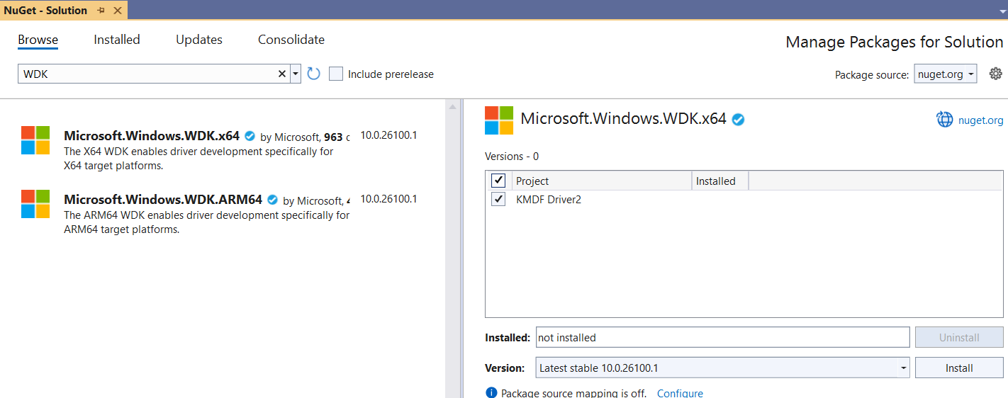Снимок экрана: диалоговое окно установки пакетов NuGet Visual Studio