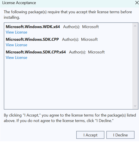 Снимок экрана: Visual Studio с списком трех пакетов NuGet со ссылками на условия лицензионного соглашения