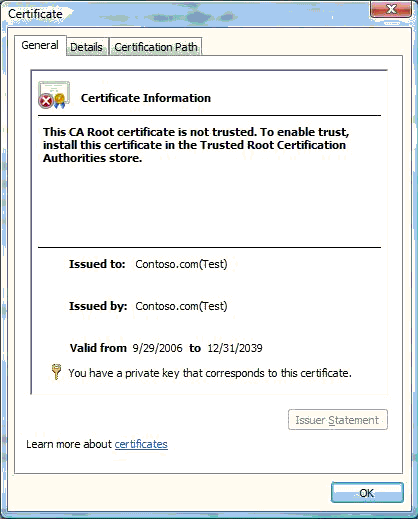 снимок экрана: окно сертификата, в котором отображаются сведения о contoso.com (тестовом) сертификате.