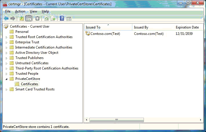 Снимок экрана: хранилище сертификатов с тестируемым сертификатом .