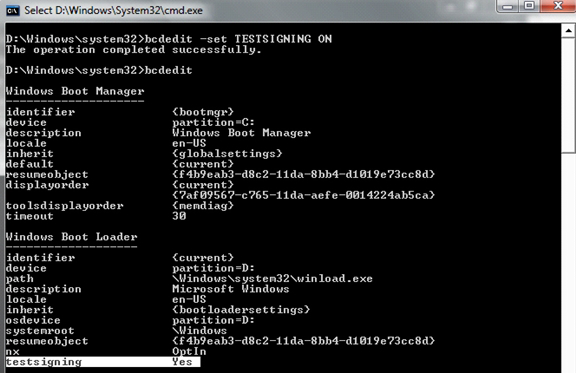 Screen shot of the results of using testsigning, a boot configuration option.