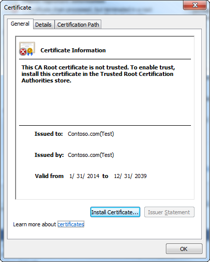 Снимок экрана: окно сертификата с общими сведениями о contoso.com (тестовом) сертификате.