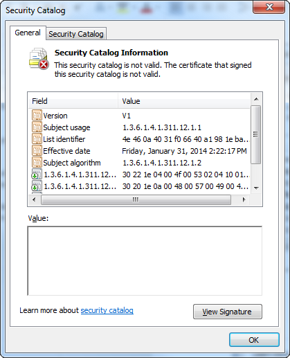 Снимок экрана: общие сведения о файле каталога безопасности.