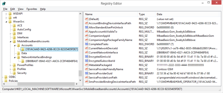 Снимок экрана: записи реестра для проанализированной учетной записи мобильного широкополосного подключения.