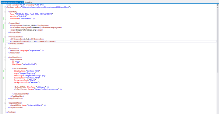 Снимок экрана: файл package.appxmanifest в представлении кода.