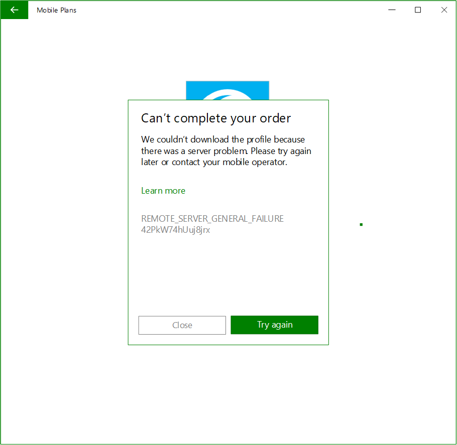 Mobile Plans ESIM Profile Download Error Handling - Windows.
