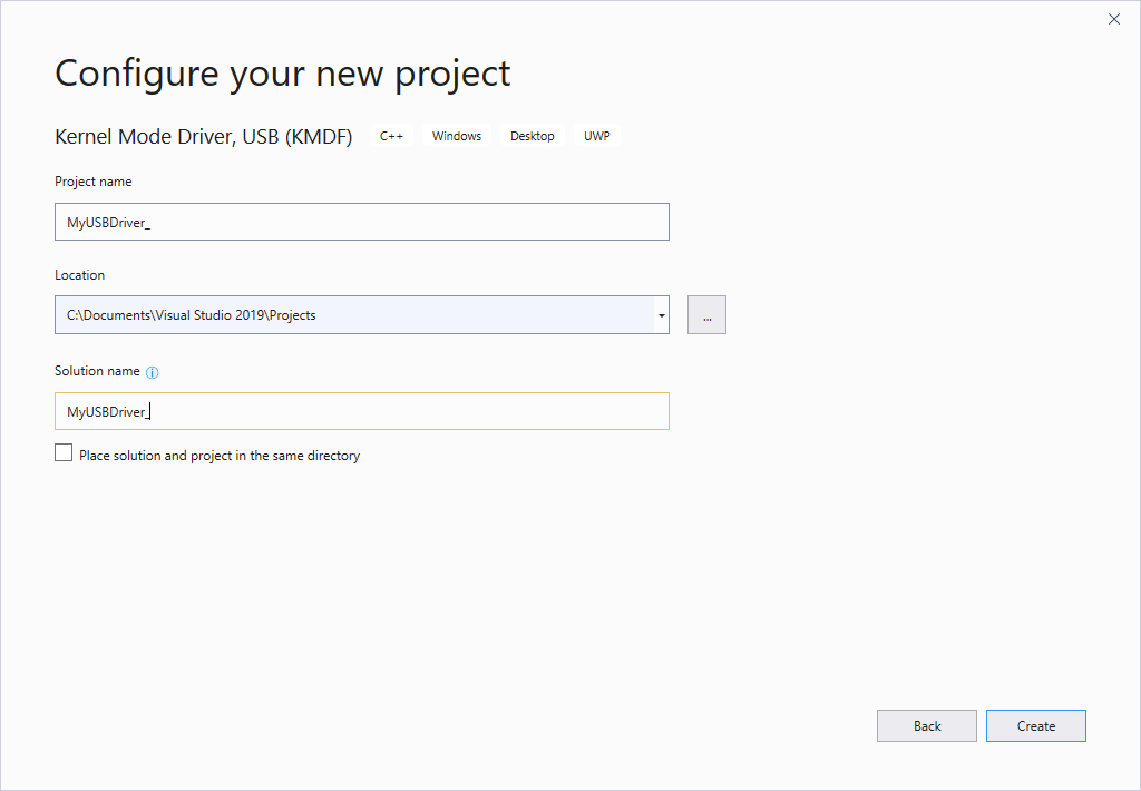 Второй экран параметров нового проекта в Visual Studio.