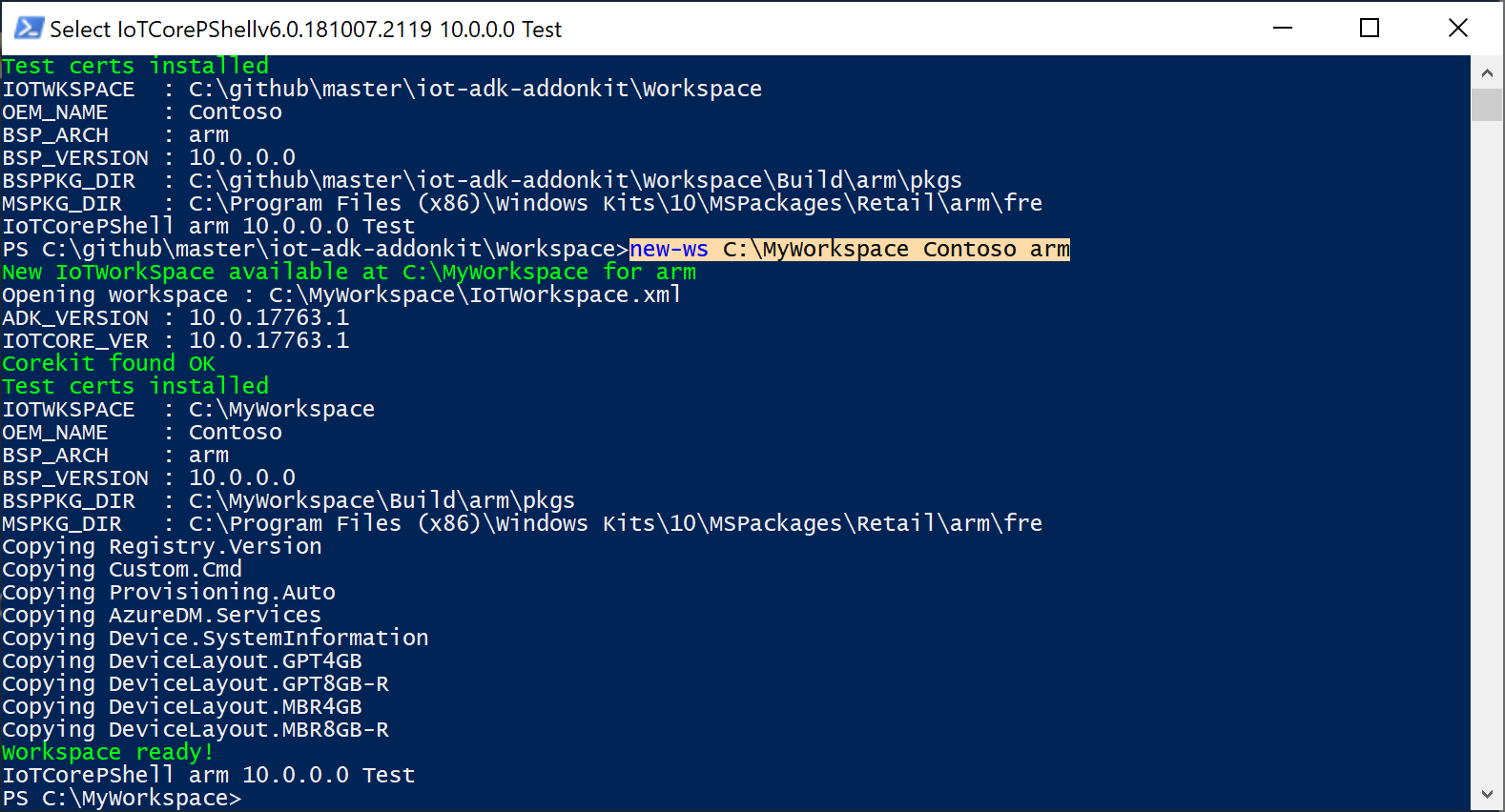 PowerShell session showing setup of new IoTWorkSpace
