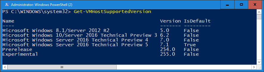 Экран, показывающий выходные данные командлета Get-VMHostSupportedVersion