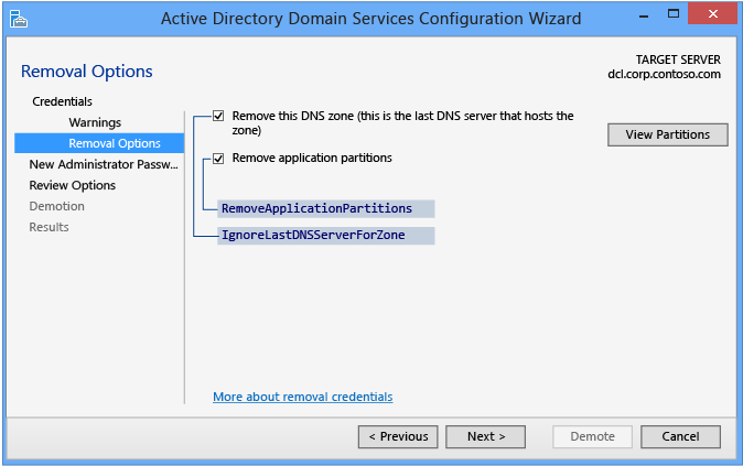 Active Directory Domain Services Configuration Wizard - Credentials Remove DNS and Application partitions