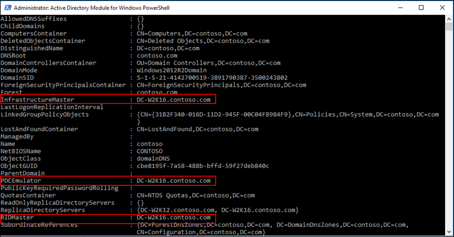Screenshot of the Active Directory Module for Windows PowerShell window showing the results of the Get-ADDomain cmdlet with the Infrastructure Master, P D C Emulator, and R I D Master values called out.
