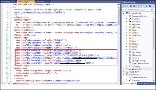 Screenshot of the web config file under ToDoListService showing the modified values.