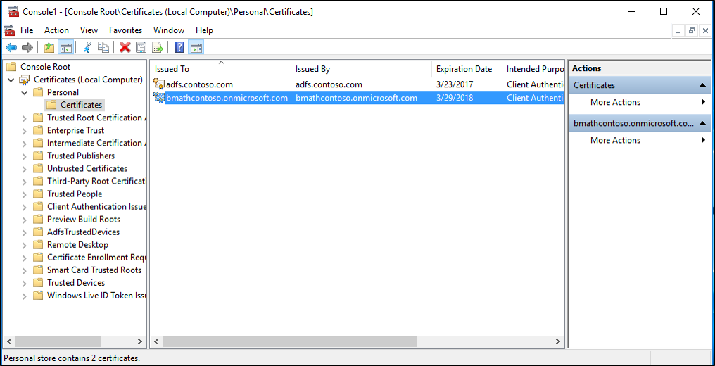 Снимок экрана: хранилище сертификатов локального компьютера с созданным сертификатом.
