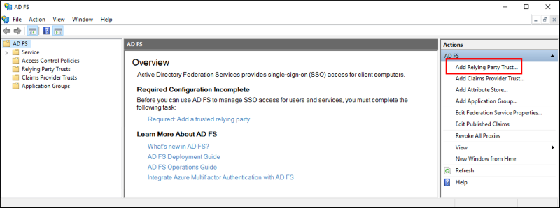 Screenshot of the AD FS dialog box with the Add Relying Party Trust option in the Actions pane called out.
