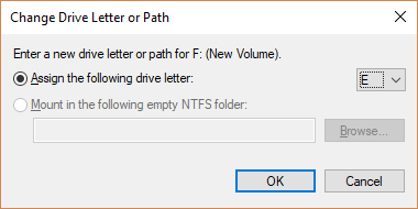 Screenshot of the Change Drive Letter or Path dialog that shows how to assign a new drive letter.