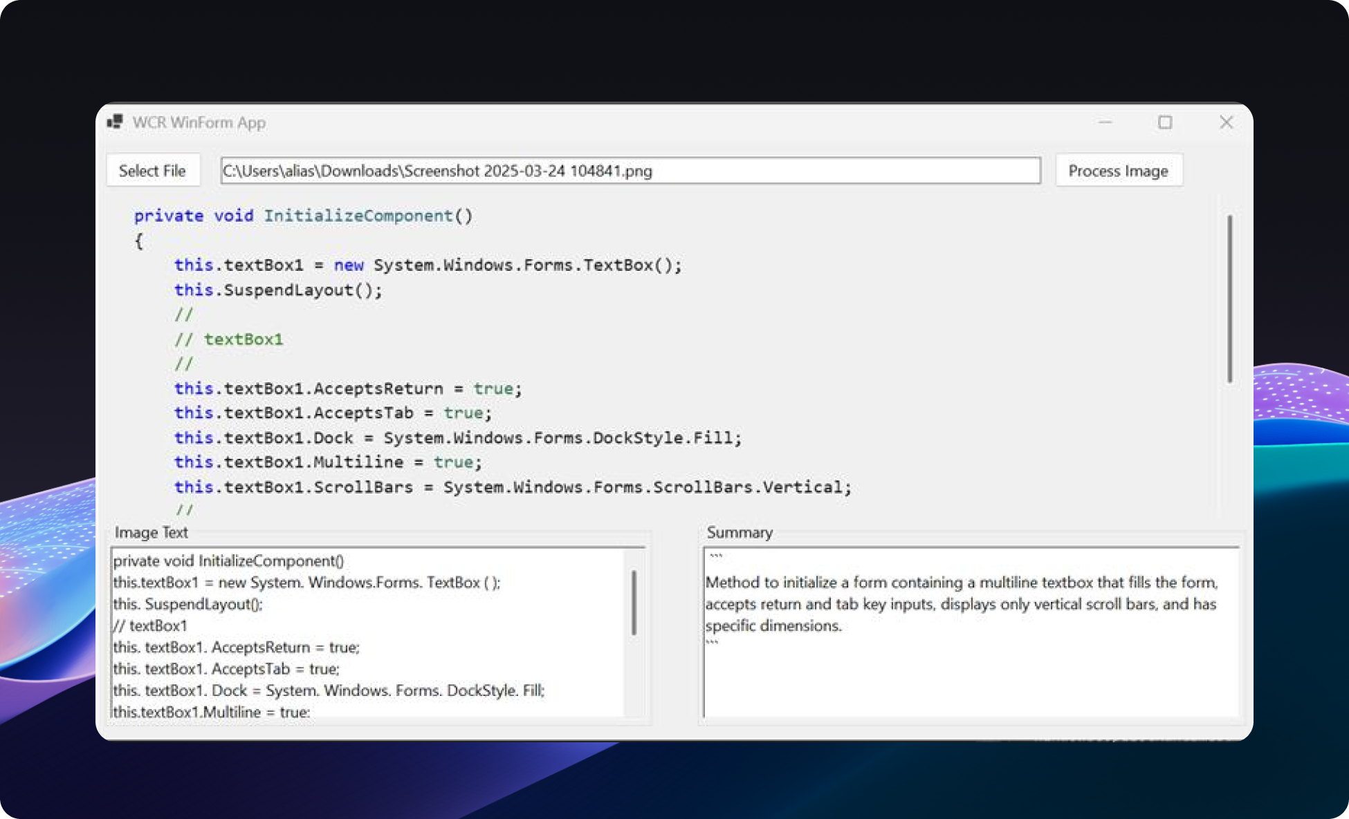 Пример приложения после записи текста изображения (отображаемого в левом нижнем углу) и суммирования текста изображения (отображаемого в правом нижнем поле).