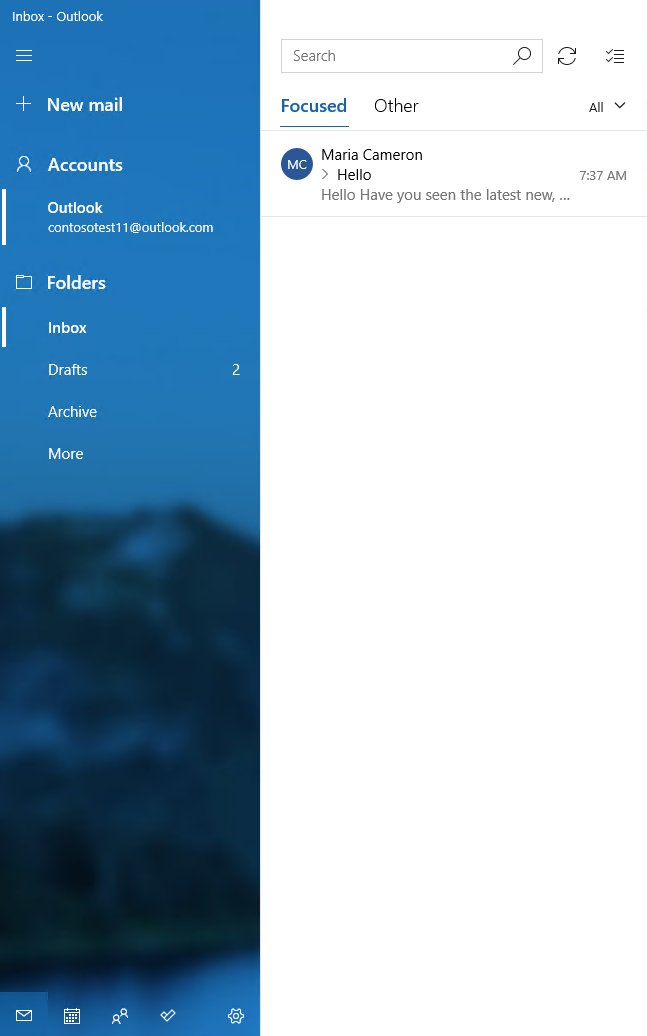 Фрагмент снимка экрана для приложения Почта Windows с сообщением инструктивного пользовательского интерфейса
