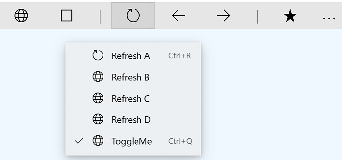 Снимок экрана: меню с menuFlyoutItems, включающими сочетания клавиш со списком клавиш.