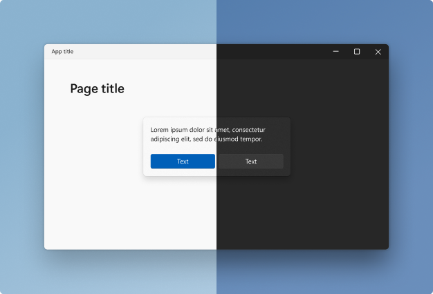 A window and modal dialog in light mode on the left and dark mode on the right