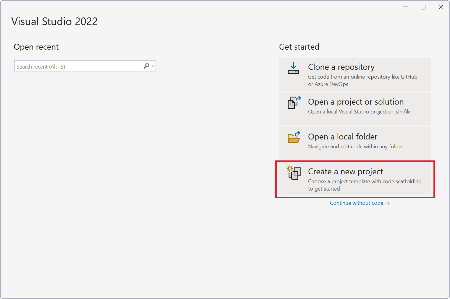 Screenshot окна запуска Visual Studio.